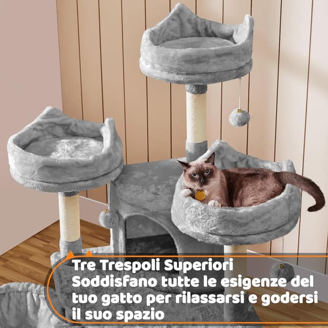 Detalle de Yaheetech Albero per gatti alto 174 cm con 7 punti graffianti, 3 piattaforme e scala a più livelli (grigio chiaro)