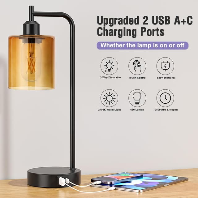 Detalle de Aooshine industrial table lamps with amber glass shade (2-pack, touch dimmable, USB ports, bulbs included)