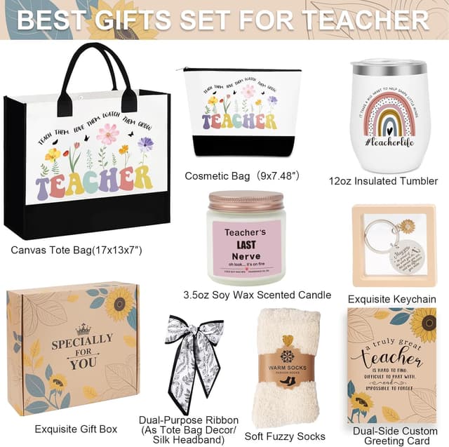Detalle de SHXWELL 9-Piece Teacher Thank You Gifts for Women with Canvas Tote Bag (Teacher Appreciation Set)