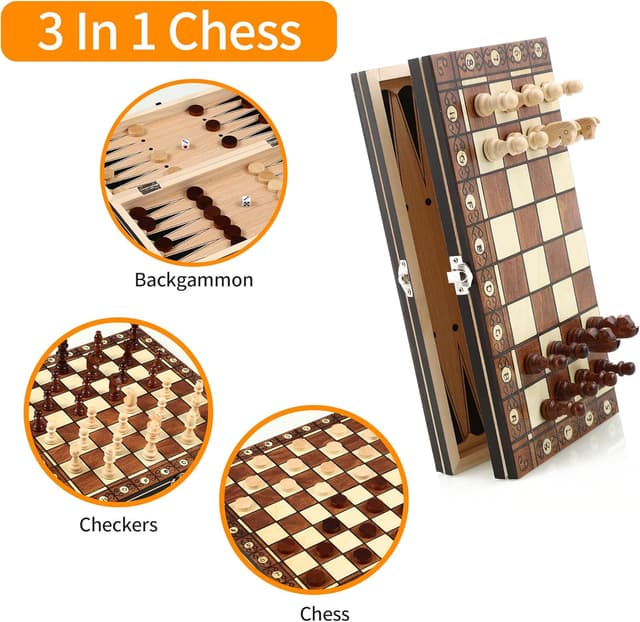 Detalle de Jeu d’échecs 3 en 1 magnétique en bois pliable (29 x 29 cm) pour enfants, adultes et voyages
