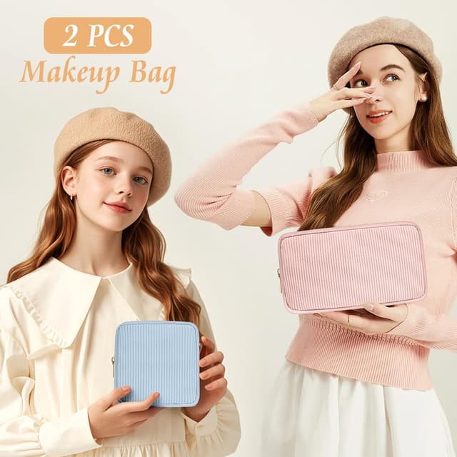 Detalle 2 de Aucuu Beauty Case da Viaggio Donna in velluto a coste (2 pezzi) con pochette e tasche interne