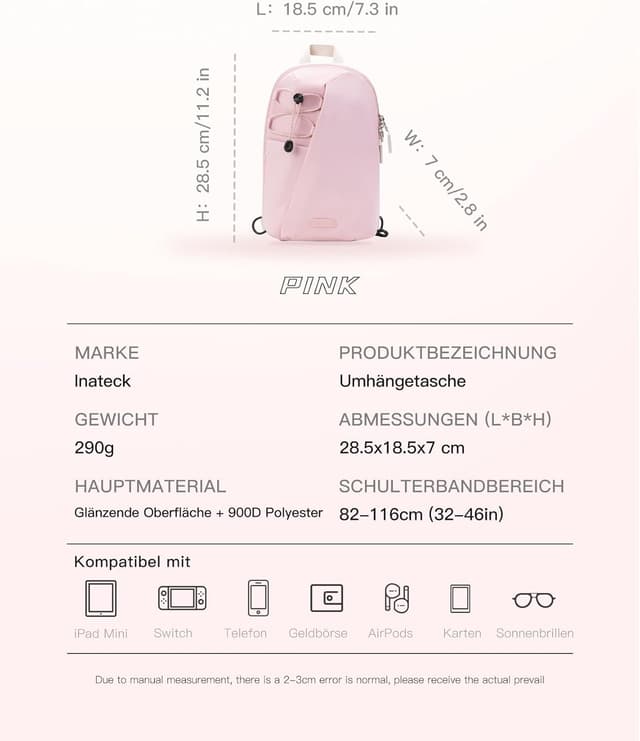 Detalle de Inateck Sling Bag X-Row – leichte Brusttasche/Umhängetasche mit spritzwassergeschütztem Außenmaterial