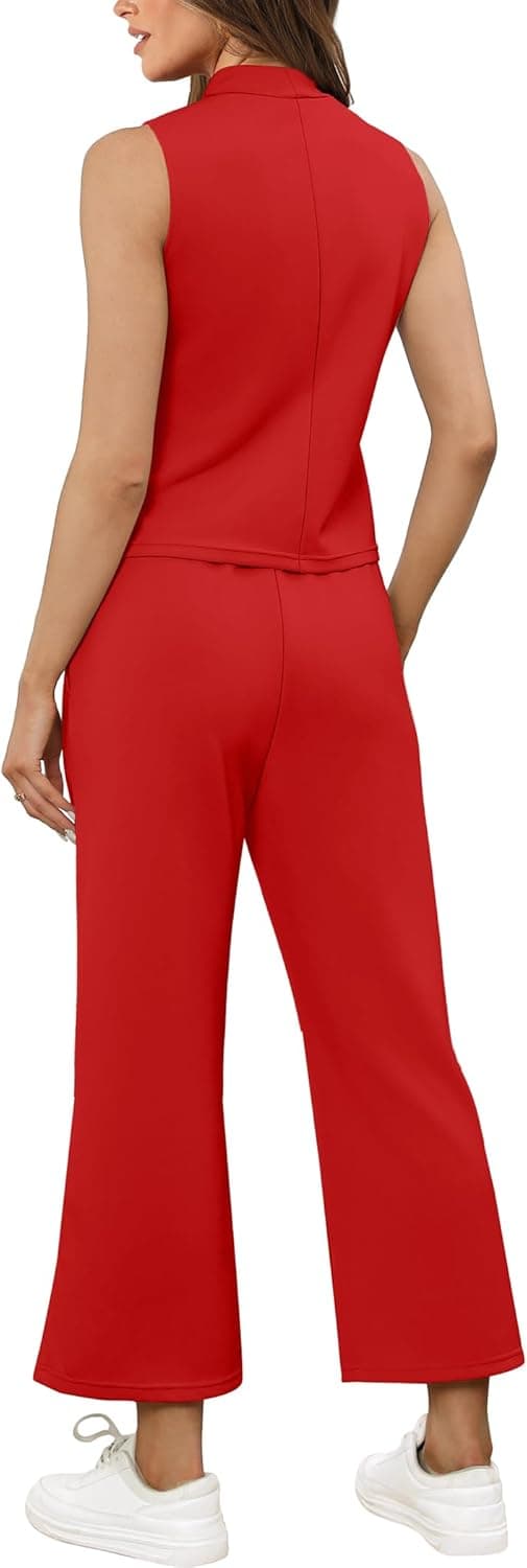 Detalle de SAMPEEL Two-Piece Lounge Set for Women: Mock Neck Sleeveless Top + Wide-Leg Crop Pants