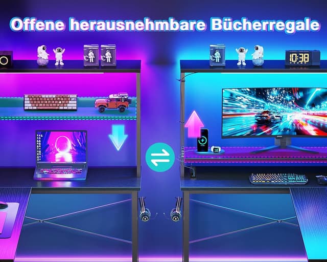 Detalle de Coleshome Gaming Tisch in L-Form mit LED & Steckdosen, 110 × 80 cm (reversibel)