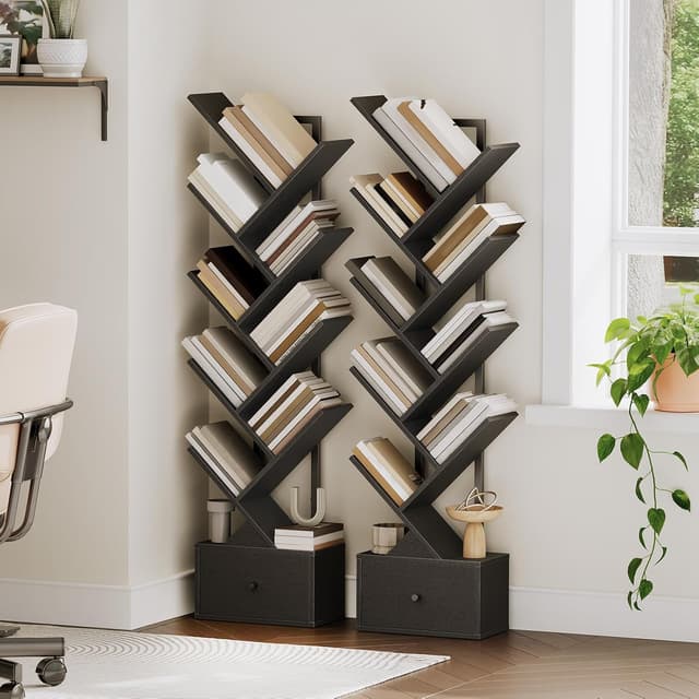 Detalle de HOOBRO Scaffale a forma di albero EBK18SJ01G1, libreria vintage a 9 livelli con porta-CD e cassetto