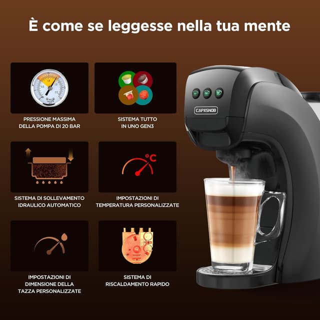 Detalle de CAPXSNOB Warriors1 Macchina da caffè 5 in 1 per capsule (Nespresso Original, Dolce Gusto, Lavazza A Modo Mio, Espresso Point) e caffè macinato