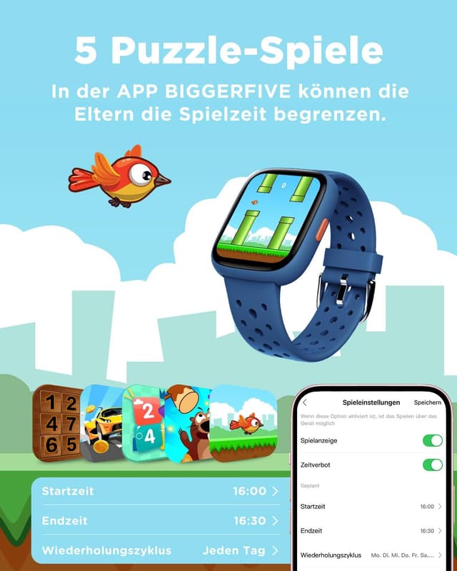 Detalle de BIGGERFIVE BRAVE 2 Smartwatch Kinder (1,8") – Schrittzähler, 24/7 Puls & Schlafmonitor, IP68, Blau