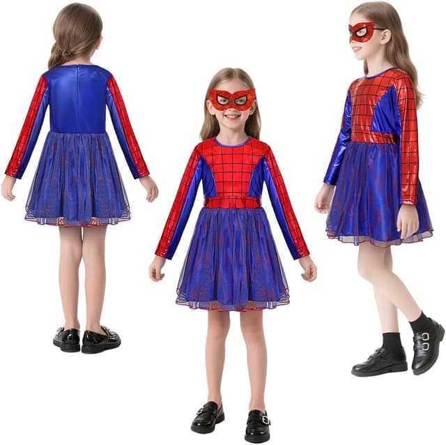 Detalle de AYBUY Costume da ragno per bambini con maschera (Spider-Woman), abito a maniche lunghe in 2 pezzi