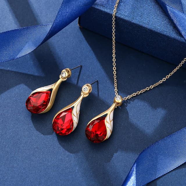 Detalle de Parure bijoux femme Clearine mariage goutte d’eau feuille émail, strass et cristal autrichien (collier + boucles d’oreilles)