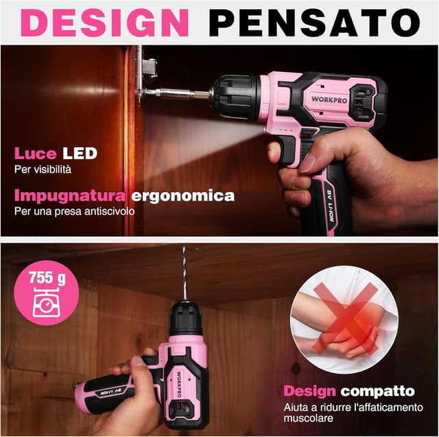 Thumbnail 6 de WORKPRO cacciavite elettrico a batteria 8V (21 accessori) con velocità variabile e LED rosa
