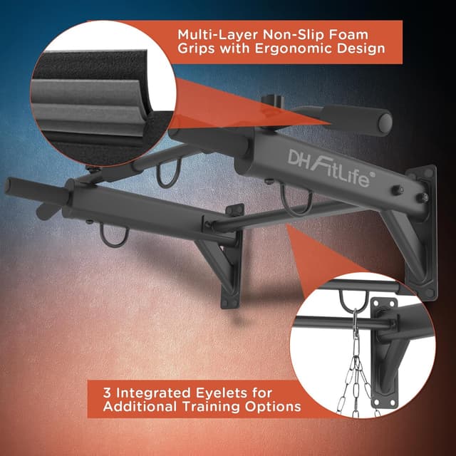 Detalle de DH FitLife 4-in-1 Wall-Mounted Pull Up Bar (Chin-Up Bar, 3 Hooks & Expansion Anchors) – Up to 200 kg