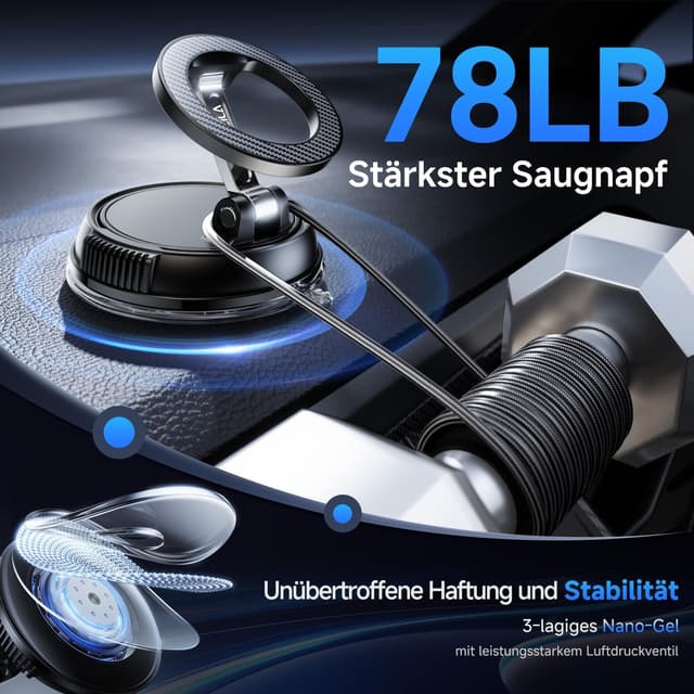 Detalle de Moeila Vakuum Handyhalterung Auto für MagSafe – magnetische 360° Halterung mit Doppelgelenk, mattschwarz