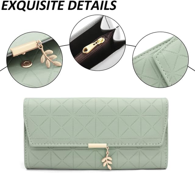 Detalle de Long Purse for Women PU Leather (B-Green) with 9 Card Slots and Zip Coin Pocket