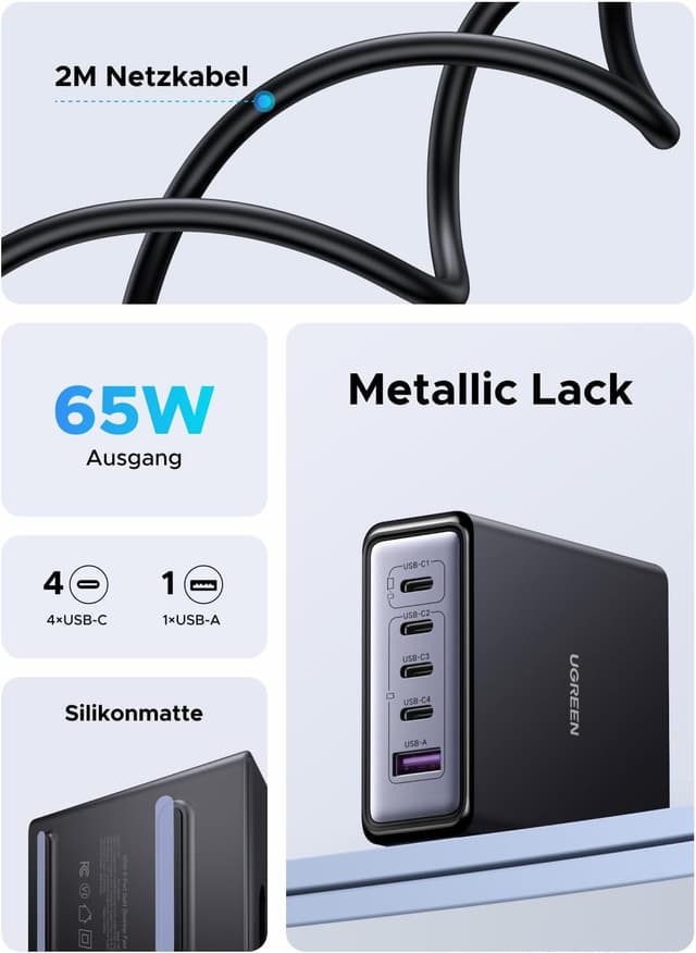 Thumbnail 5 de UGREEN USB C Ladegerät 65W 5‑Port Desktop Ladestation