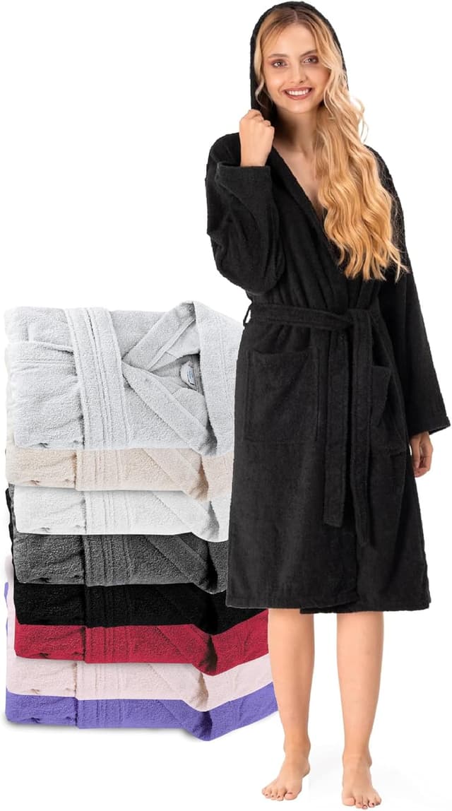 Detalle de Twinzen Damen Bademantel mit Kapuze aus 100% Baumwolle (OEKO-TEX®), XS–XL