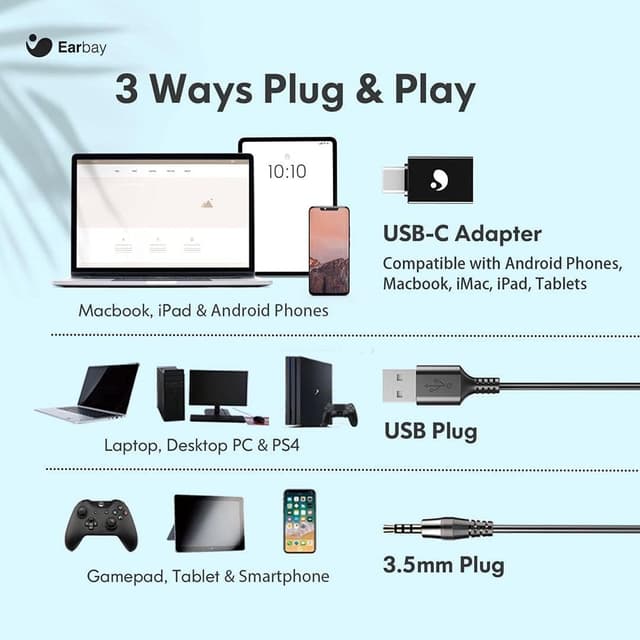 Detalle 2 de Earbay USB Headset With Microphone 40mm