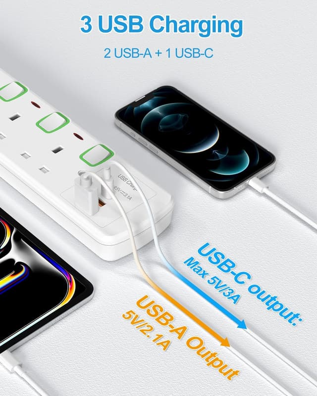 Detalle 2 de BEVA 3-way extension lead with 2 USB-A and 1 USB-C (1.5m cable) with individual switched sockets