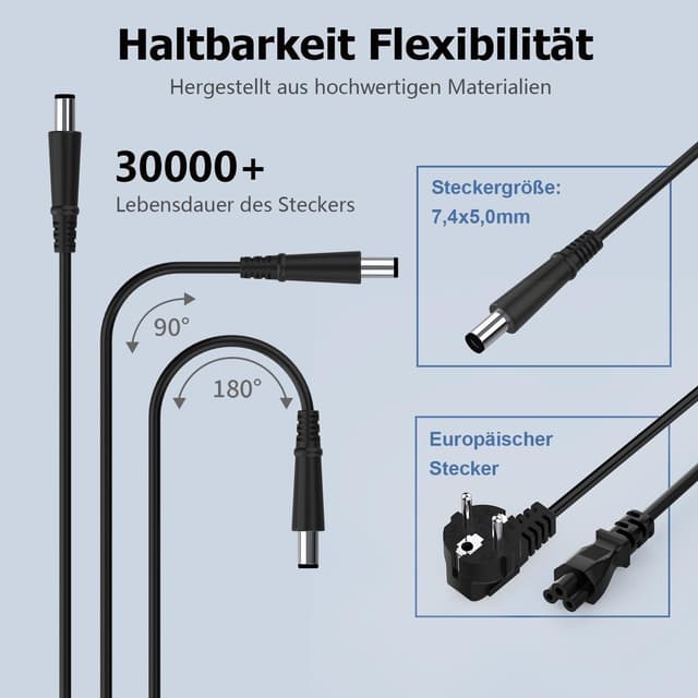 Detalle de Laptop Ladekabel 90W Netzteil (19V, 7,4×5,0 mm) kompatibel mit HP Pavilion, EliteBook und ProBook