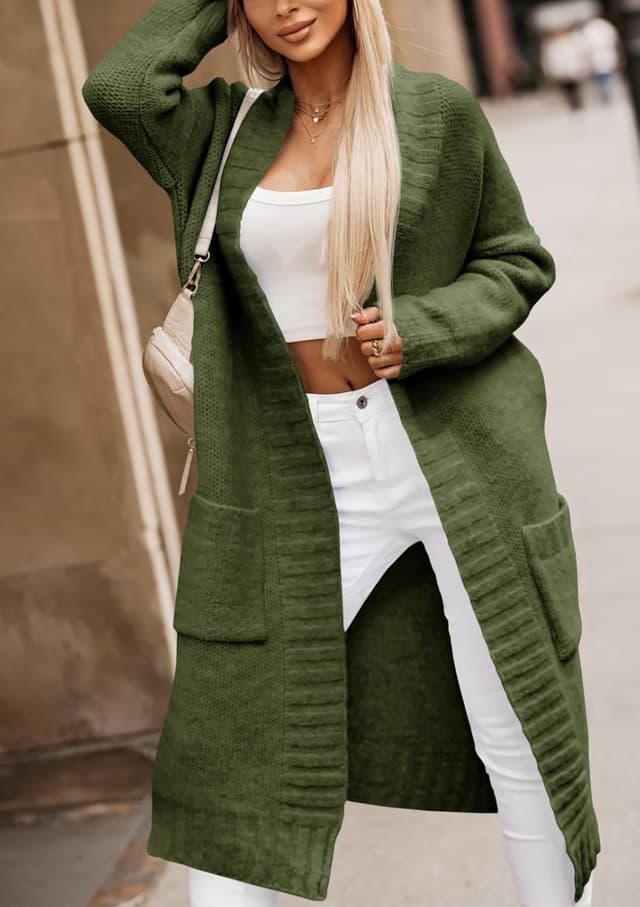 Detalle 2 de Imily Bela Damen Strickjacke mit Taschen – langer Grobstrick Cardigan mit offener Front für Herbst & Winter