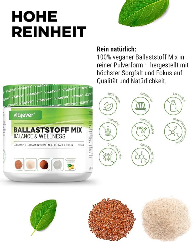 Detalle de vit4ever Ballaststoffe Kombi (400 g) – Ballaststoffpulver mit Flohsamenschalen, Inulin & natürlichem Ananasaroma