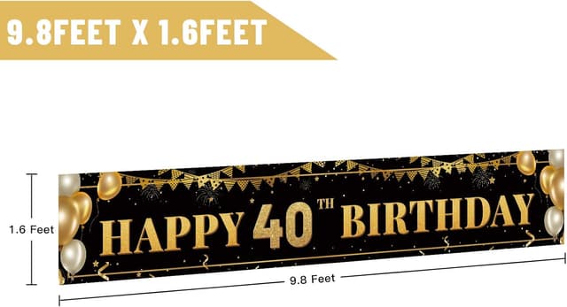 Detalle 2 de Large Happy 40th Birthday Decoration Banner (Black & Gold) 9.8 x 1.6 ft Polyester