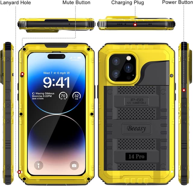 Thumbnail 6 de Beeasy iPhone 14 Pro Case (Yellow) – IP68 Waterproof, Shockproof 360 Rugged Armour with Built-in Screen Protector