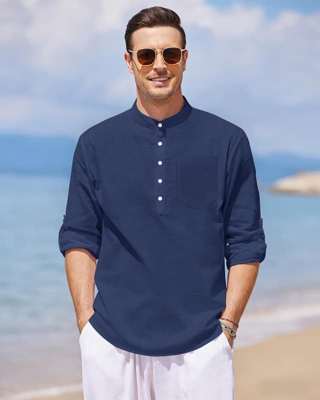 Detalle de J.VER Linen Shirts for Men Long Sleeve Regular Fit Casual Henley Shirt with Pocket