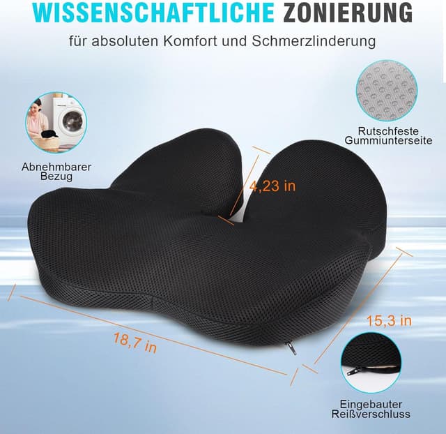 Detalle de Nauotk Sitzkissen mit Memory-Schaum und U-Ausschnitt zur Steißbein-Entlastung (Schwarz)