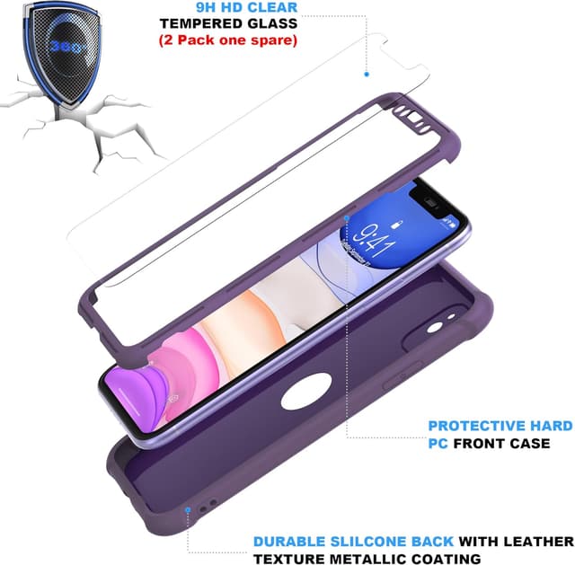 Detalle de ORETECH Silikonhülle für iPhone 11 (6,1 Zoll) – stoßfest, kratzfest, 360° mit Displayschutzfolie, Tief Violett