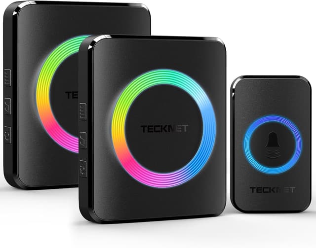 Detalle de TECKNET Wireless Doorbell with 2 Receivers (1300ft) – IP65 Waterproof Plug-in Doorbell, 120dB Loud, RGB Light