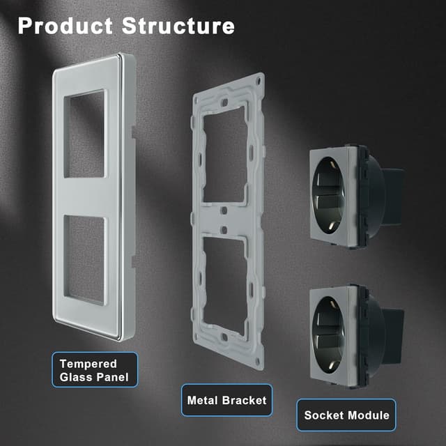 Detalle de TAWOIA Schuko-Unterputz-Steckdose 3-fach (EU-Standard), 2,5D gebogene Glasplatte, grau