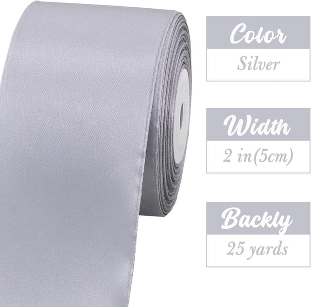 Detalle de TONIFUL Satinband Silber 5 cm x 20 m – breit für Schleifen, Geschenkverpackungen und Partydekoration