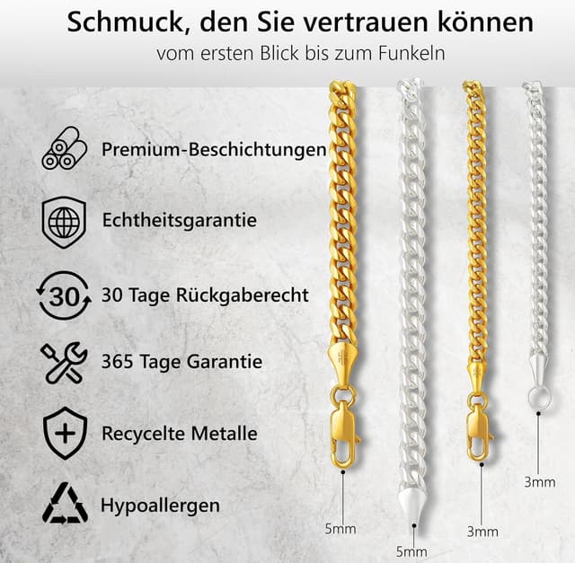 Detalle de KRKC&CO Herren-Panzerkette mit Silberbeschichtung (3 mm/5 mm) & Diamantschliff, nickelfrei, Länge 45,7–66 cm