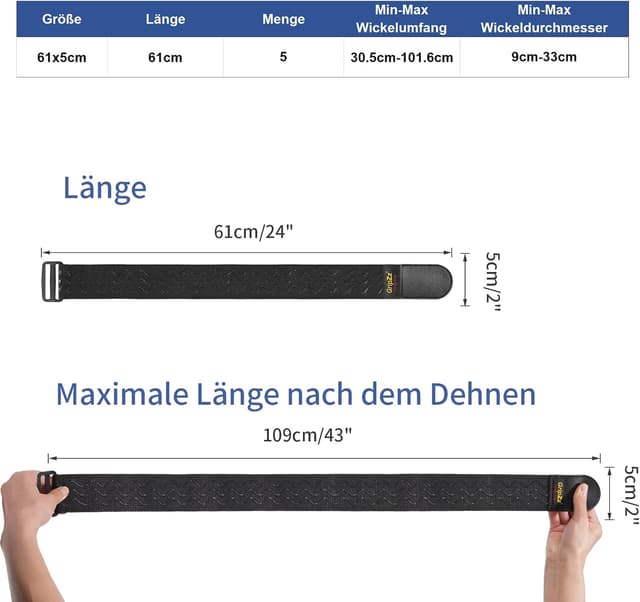 Detalle 2 de GripZz Gurtbänder (61 cm x 5 cm) mit Klett und Schnalle – elastische Klettverschlüsse, 5er-Set
