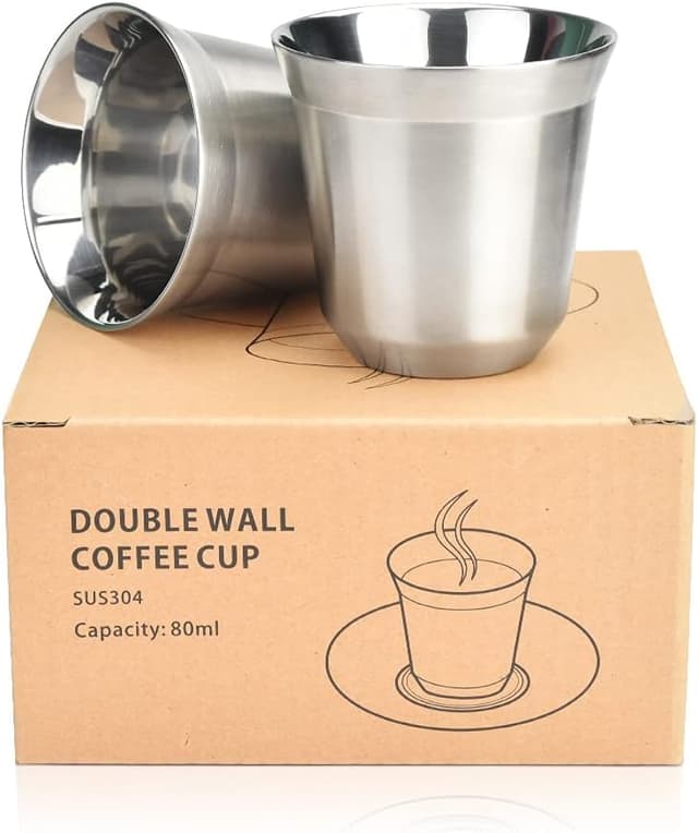 Detalle de WANTOUTH 2 Pack Stainless Steel Double-Wall Espresso Cups (80ml) – insulated demitasse mugs