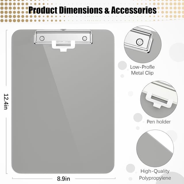 Detalle de Hnogri Kunststoff-Klemmbrett Standard A4/Letter (12,5 × 9 Zoll) mit Stifthalter, flachem Clip – Grau