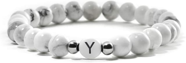 Detalle de BERGERLIN Buchstaben-Armband in Weiß mit Naturstein-Perlen (Partnerarmband) inkl. Echtheitszertifikat