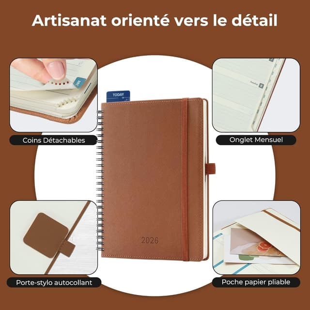Detalle 2 de IN-LUXPRO Agenda 2026 semainier et carnet de notes A5 moyen (21,9 x 16,4 cm) en spirale, marron