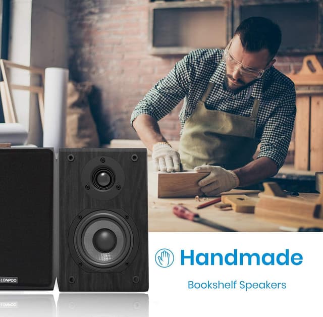 Detalle 2 de LONPOO Passive Regal-Lautsprecher-Paar (75W RMS) mit 4-Zoll Kohlefaser-Tieftöner und 1-Zoll Seidenkalotte – 2-Wege passiv