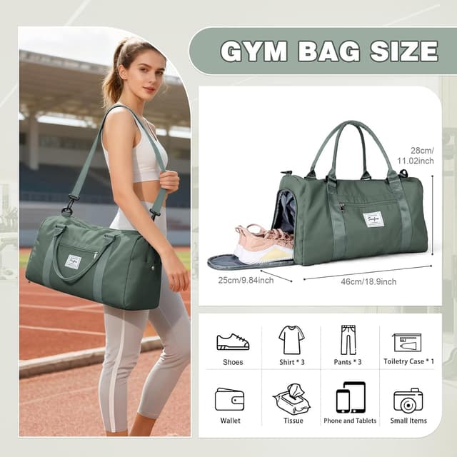 Detalle de WEPLAN Waterproof Gym Bag with Wet Pocket and Separate Shoe Compartment – Army Green