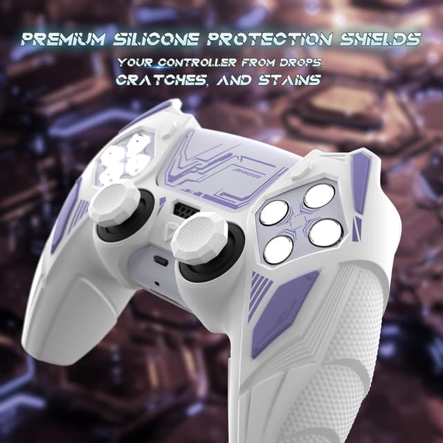 Detalle de PlayVital Mecha Rhino Silicone Cover for PS5 Controller (White & Light Violet) with Thumb Grips & Stickers
