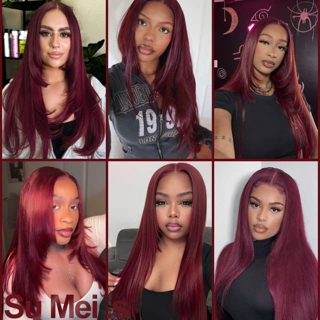 Detalle de Su Mei.s Glueless Synthetic Lace Front Wig, 26-Inch Straight Red (#99J Burgundy, 13x5x1 HD Lace, Hand-Tied)