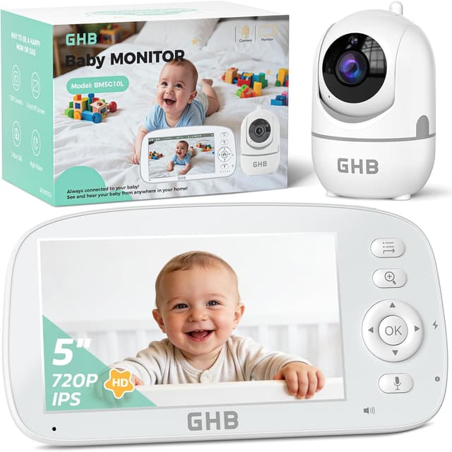 Detalle de GHB Baby Monitor with Camera and Night Vision, 5-inch Screen, 2-way Audio & VOX – Temperature Sensor, 4x Zoom
