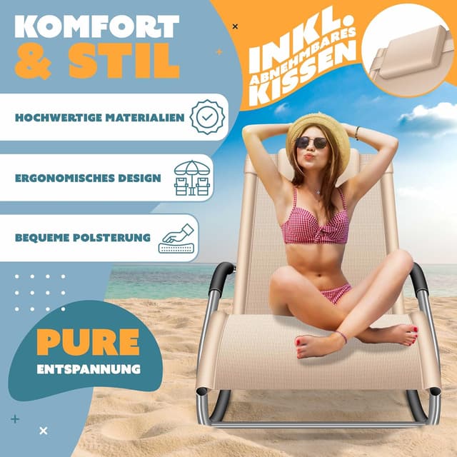 Detalle de KESSER® Sonnenliege Relaxliege Schwungliege Gartenliege mit Seitentasche (beige) – belastbar bis 150 kg