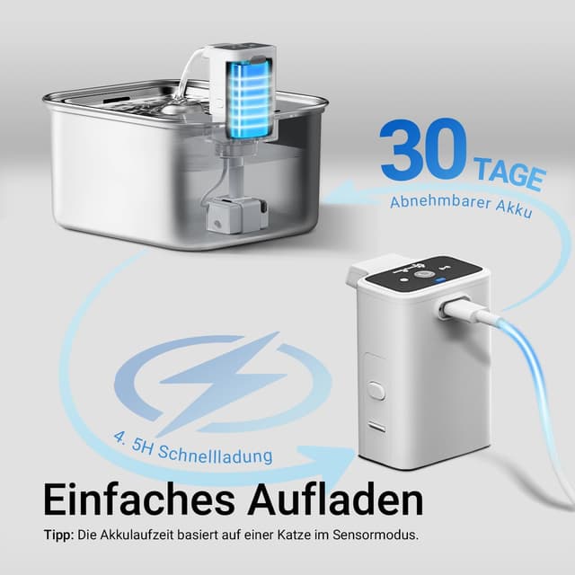 Detalle 2 de DownyPaws Katzenbrunnen Edelstahl kabellos mit Bewegungsmelder und Akku (Elfenbeinweiß)