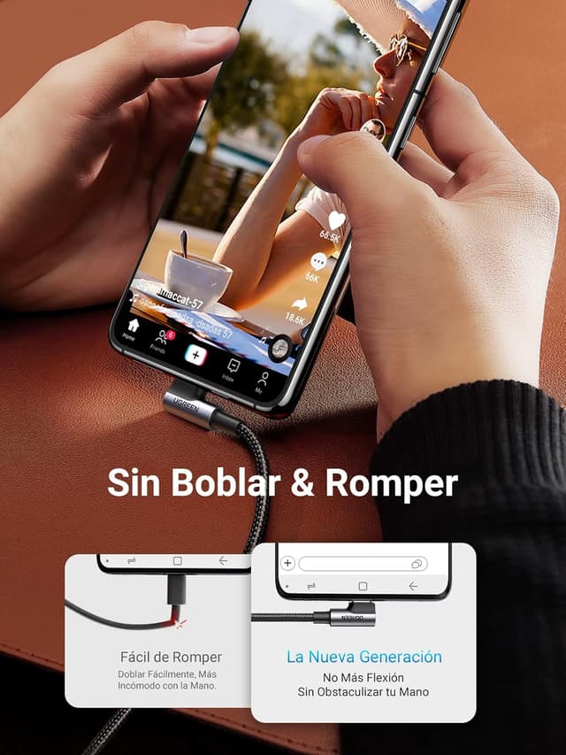 Detalle 2 de UGREEN Cable Tipo C 90° 2M, Carga Rápida ⚡