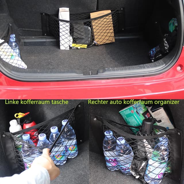 Detalle de Kofferraum Taschen Auto Klett – Gepäcknetz & Organizer (2er Set) mit 3 Montagearten und verstärkten Metallösen