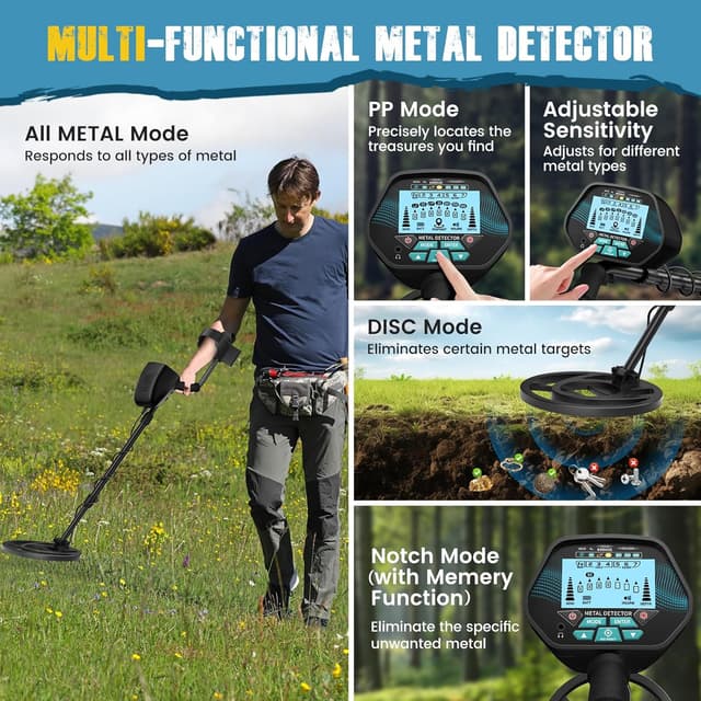Detalle 2 de HIUYRFS détecteur de métaux professionnel 4 modes, bobine étanche IP68, longueur réglable 113–141 cm