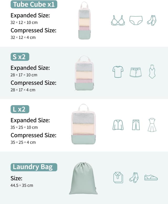 Detalle 2 de Narwey 6-piece Compression Packing Cubes Set (Mint Green) for cabin hand luggage organisers