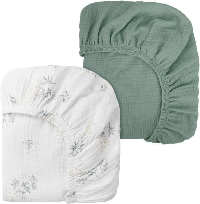 Imagen de Peepeemax Musselin-Baumwolle Spannbettlaken 80x40 cm (2er-Pack) – passend für Kinderwagen, Stubenwagen & Beistellbett in Grün en OfertitasTOP